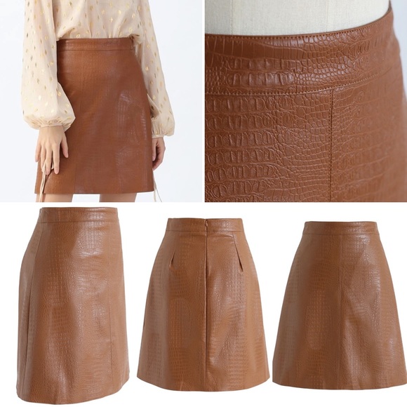 Chicwish Crocodile Faux Leather Skirt Caramel - Picture 5 of 5